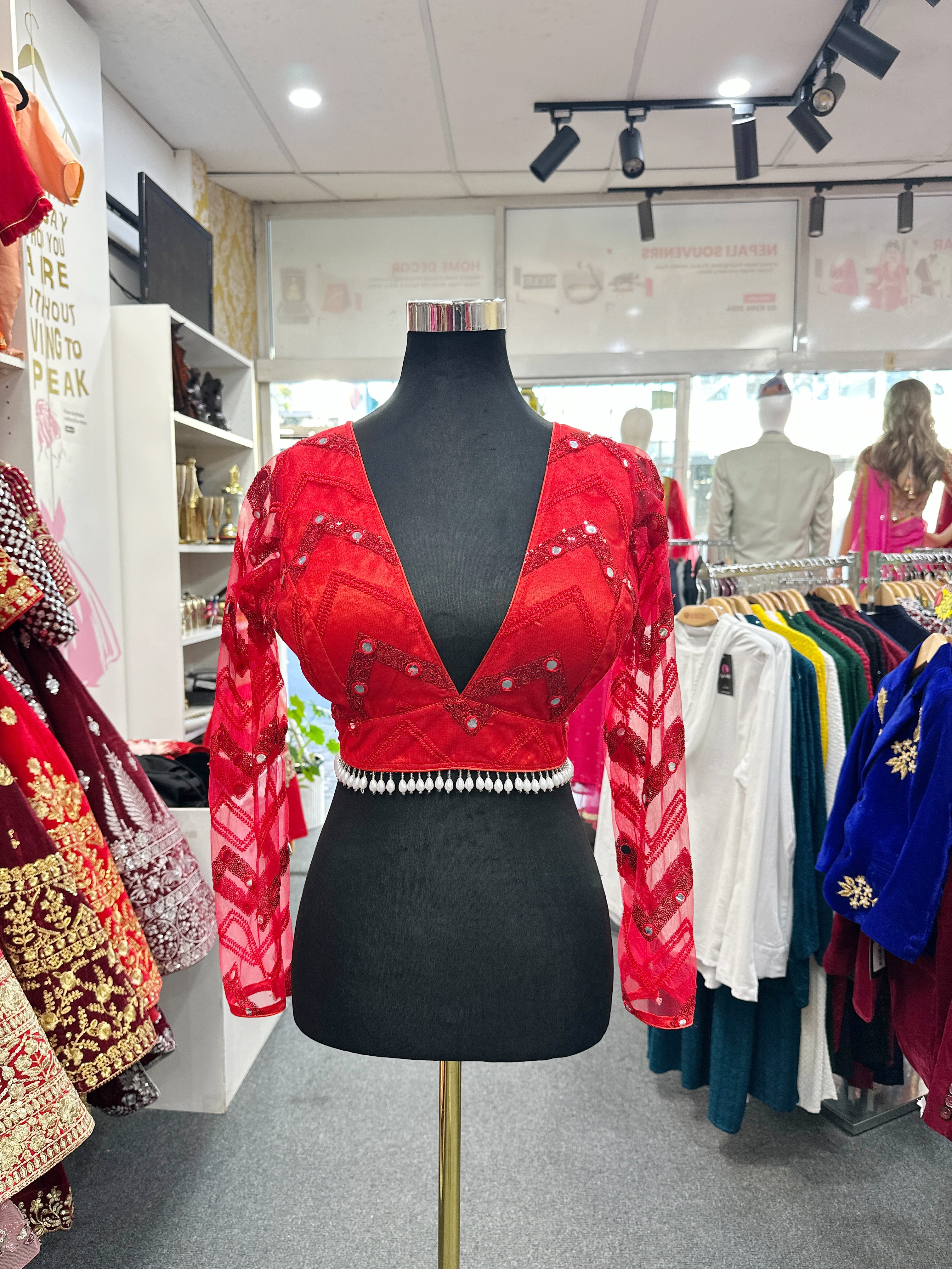 Party Wear Deep Cut Blouse Red